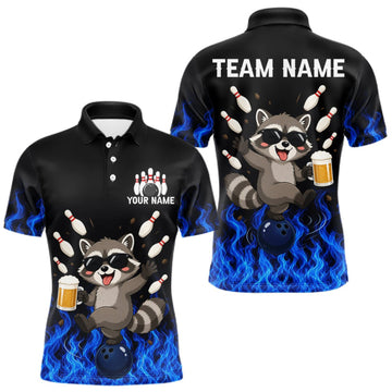 Maxcorners Blue Flame Funny Raccoon Bowling Team Shirt Customized Bowling Polo & 1/4 Zip Gift For Men LM0510