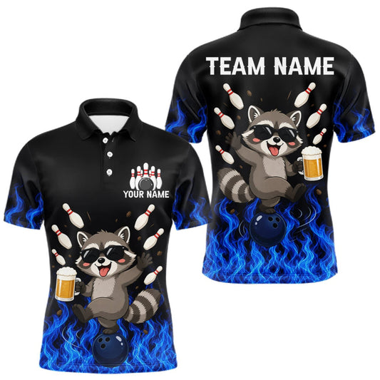 Maxcorners Blue Flame Funny Raccoon Bowling Team Shirt Customized Bowling Polo & 1/4 Zip Gift For Men LM0510