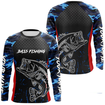 Maxcorners Bass Fishing Shirts Long Sleeve Blue Camouflage Fish Scale Custom Name Tournament Bass Fishing Shirts LM1501