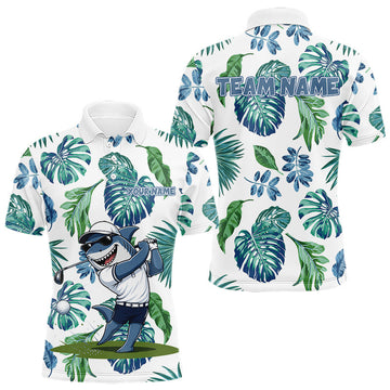 Maxcorners Funny Mens Golf Polo Shirt Tropical Pattern Custom Name Shark Playing Golf Shirt Funny Golf Apparel LM1005