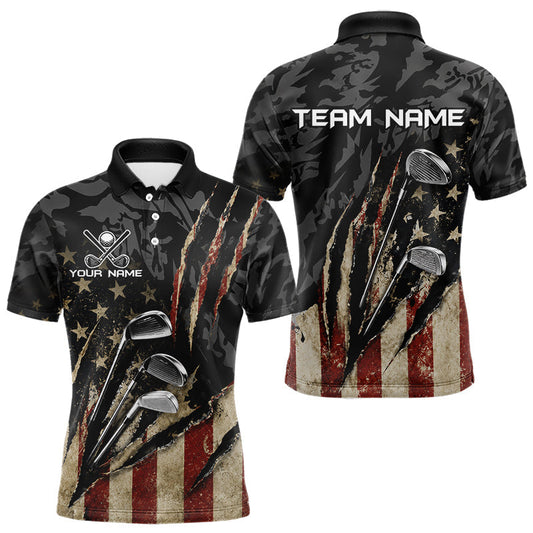 Maxcorners Mens Golf Polo Shirts American Flag Golf Clubs Camo Custom Patriotic Black Mens Golf Shirt LM0706
