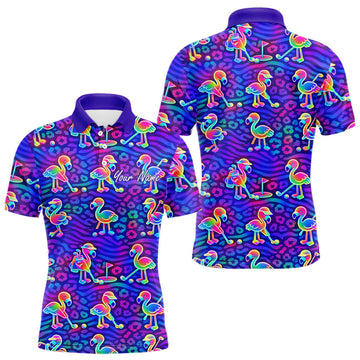 Maxcorners Colorful Neon Rainbow Leopard Flamingo Pattern Mens Polo Shirts, Custom Flamingo Golf Shirts