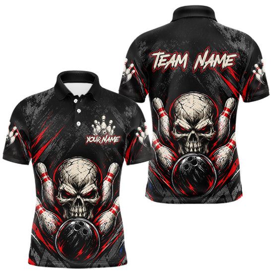 Maxcorners Personalized Black And Red Skull Bowling Polo & 1/4 Zip Shirt For Men Custom Flame Bowler Jerseys
