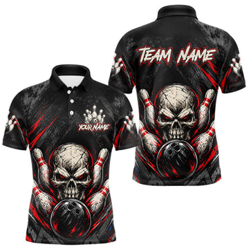 Maxcorners Personalized Black And Red Skull Bowling Polo & 1/4 Zip Shirt For Men Custom Flame Bowler Jerseys