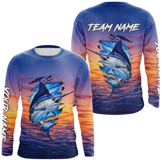 Maxcorners Marlin Fishing Sunset Custom Fishing Long Sleeve Shirt, Marlin Offshore Fishing Apparel LM2306