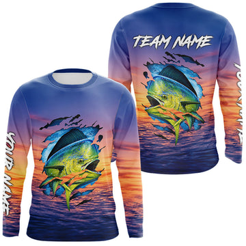 Maxcorners Mahi Mahi Fishing Sunset Custom Fishing Long Sleeve Shirt, Mahi Mahi Offshore Fishing Apparel LM2306