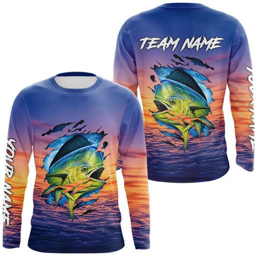 Maxcorners Mahi Mahi Fishing Sunset Custom Fishing Long Sleeve Shirt, Mahi Mahi Offshore Fishing Apparel LM2306