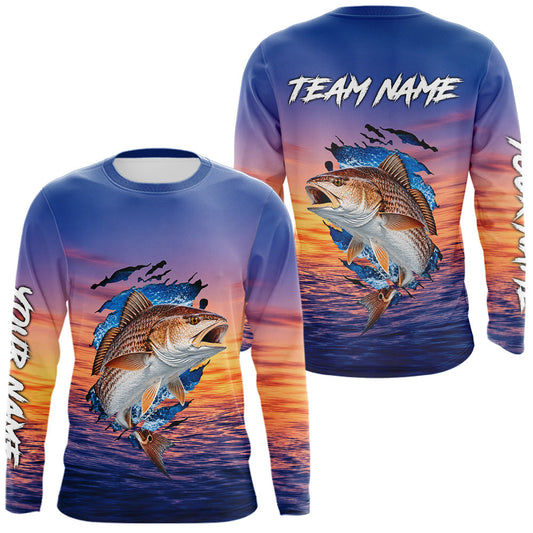 Maxcorners Redfish Fishing Sunset Custom Fishing Long Sleeve Shirt, Redfish Offshore Fishing Apparel LM2306
