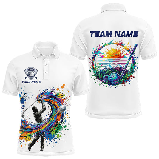 Maxcorners Mens Golf Polo Shirt Watercolor Golfer Golf Pattern Custom Name White Golf Shirt, Golf Gifts LM2704