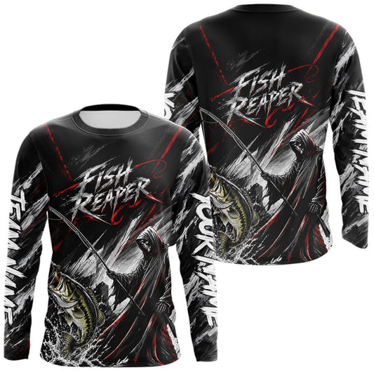 Maxcorners Personalized Bass Fishing Fish Reaper Long Sleeve Fishing Shirts, Fish Reaper Skull Fishing Jerseys LM0410