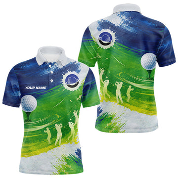 Maxcorners Mens Golf Polo Shirts Custom Name Blue And Green Golf Shirt, Tournament Golf Tops For Mens LM2603