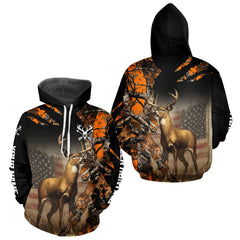 Maxcorners Deer Hunting Shirt Orange Forest Camo US Flag Custom Name Hoodie, Long Sleeve For Men LM3010