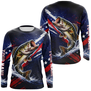 Maxcorners American Flag Fishing Shirt, Bass Fishing Shirts Long Sleeve, Bass Fishing Tournament Shirts| Blue LM0503