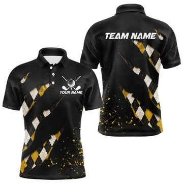 Maxcorners Black And Yellow Argyle Plaid Pattern Mens Golf Polo Shirts Custom Golf Attire For Men, Golf Team Shirt LM0106
