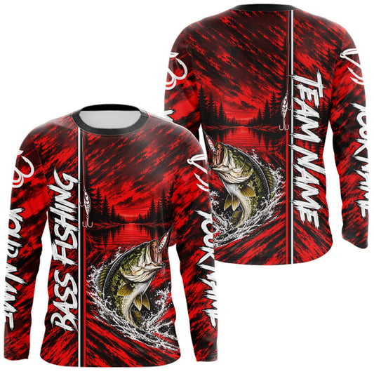 Maxcorners Personalized Red Bass Fishing Sport Jerseys, Bass Fishing Long Sleeve Tournament Shirts LM0410