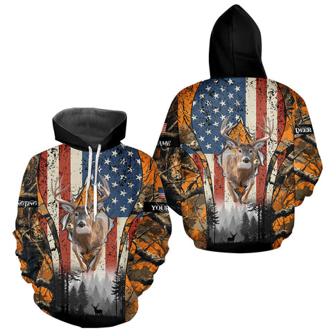 Maxcorners Whitetail Deer Hunting Big Game US Flag Custom Name Orange Camo Shirts, Personalized Deer Hunting Clothing LM0611