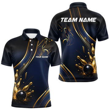Maxcorners Navy Blue And Gold Mens Bowling Polo & 1/4 Quarter Zip Shirts, Bowling Team Tournament Jerseys