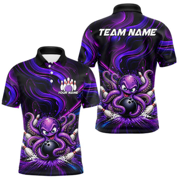 Maxcorners Funny Purple Octopus Bowling Polo & Quarter Zip For Men, Custom Bowling Team Shirt Bowling Jersey