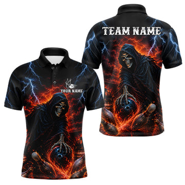 Maxcorners Custom Grim Reaper Lightning Bowling Shirt For Men, Skull Bowling Jersey Team Polo & 1/4 Zip Shirt