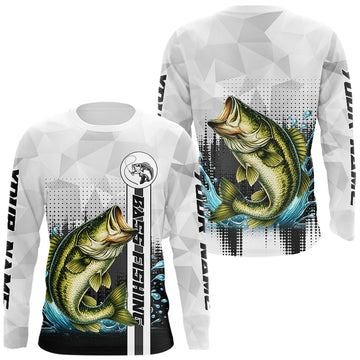 Maxcorners White Camo Bass Fishing Custom Name Long Sleeve Fishing Shirts With UV Protection
 LM1203