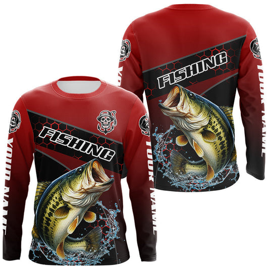 Maxcorners Largemouth Bass Hooded Fishing Shirts Red Camo Custom Name, Bass Fishing Shirts LM1203