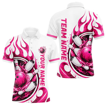 Maxcorners Custom Breast Cancer Pink Ribbon And Flame Bowling Team Men Polo Quarter Zip Shirt LM1910
