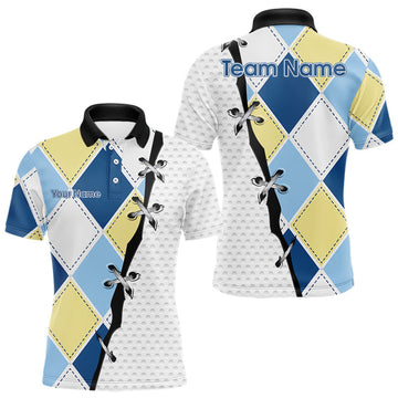 Maxcorners Mens Golf Polo Shirt Custom Blue And Yellow Golf Argyle Plaid Pattern, Personalized Golf Gifts LM1705