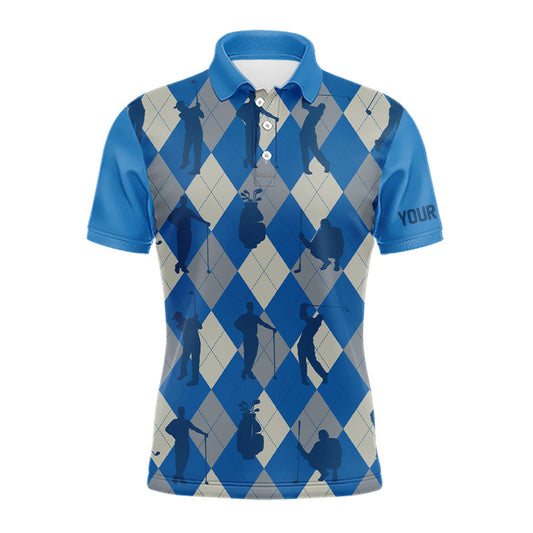 Maxcorners Blue Argyle Mens Golf Polo Shirts, Golf Shirts Custom Team Golf Polo For Men Team Golf Tops