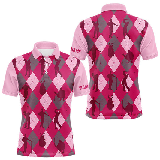 Maxcorners Pink Argyle Mens Golf Polo Shirts, Golf Shirts Custom Team Golf Polo For Men Team Golf Tops