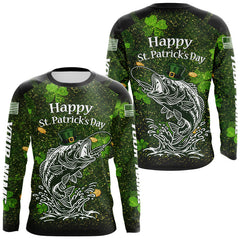 Maxcorners Custom St Patrick's Day American Flag Bass Long Sleeve Fishing Shirts, Patriotric Bass Fishing Jerseys LM2201
