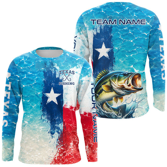 Maxcorners Texas Bass Fishing Texas Flag, Blue Sea Wave Ocean Camo Long Sleeve Bass Fishing Shirt LM2806