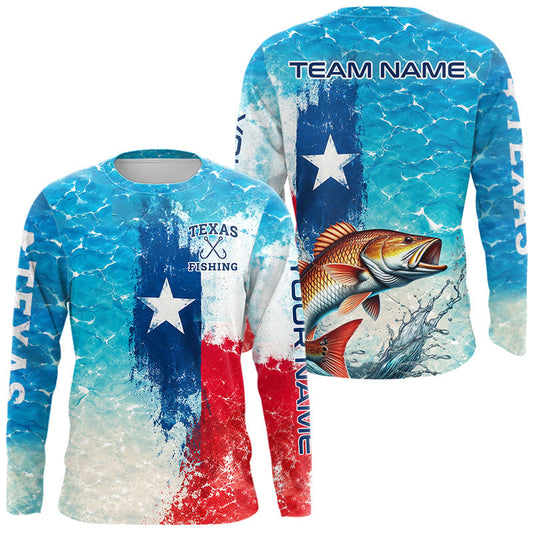 Maxcorners Texas Redfish Fishing Texas Flag, Blue Sea Wave Ocean Camo Long Sleeve Redfish Fishing Shirt LM2806