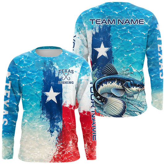 Maxcorners Texas Catfish Fishing Texas Flag, Blue Sea Wave Ocean Camo Long Sleeve Catfish Fishing Shirt LM2806