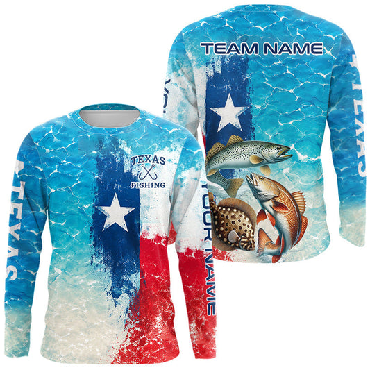Maxcorners Texas Slam Fishing Texas Flag, Blue Sea Wave Ocean Camo Texas Slam Long Sleeve Fishing Shirts LM2806