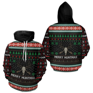 Maxcorners Merry Huntmas Deer Hunting Skull Custom Name Ugly Christmas All Over Printed Shirts, Christmas Gift LM2711