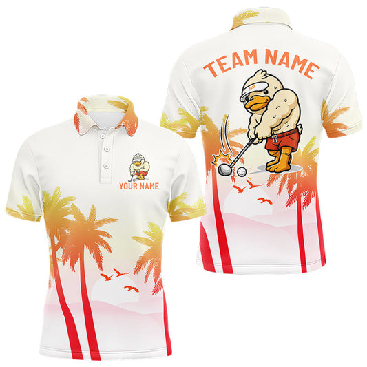 Maxcorners Funny Duck Golf Polo Shirt For Men, Tropical Sunset Print, Sporty Animal Golf Gift