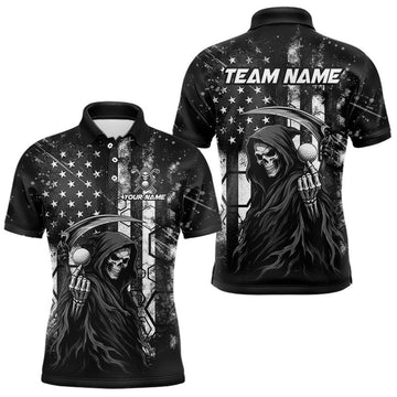 Maxcorners Custom Black And White American Flag Skull Reaper Mens Golf Polo Shirt, Team Golf Shirts LM0607
