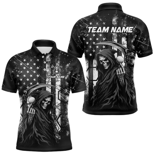 Maxcorners Custom Black And White American Flag Skull Reaper Mens Golf Polo Shirt, Team Golf Shirts LM0607