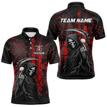 Maxcorners Custom Black And Red American Flag Skull Reaper Mens Golf Polo Shirt, Team Golf Shirts LM0607
