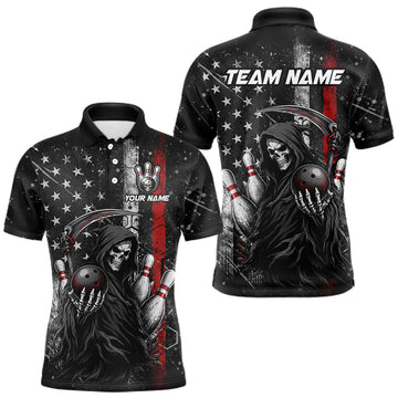Maxcorners American Flag Custom Grim Reaper Bowling Quarter Zip Shirts For Men, Halloween Skull Bowling Shirt