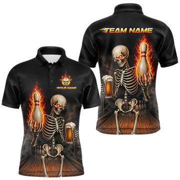 Maxcorners Black & Orange Fire Flame Beer Skull Bowling Shirts For Men Custom Skull Team Bowling Jerseys