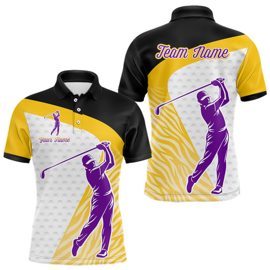 Maxcorners Yellow & Purple Zebra Pattern Mens Golf Polo Shirts Custom Name Gift For Golf Lovers