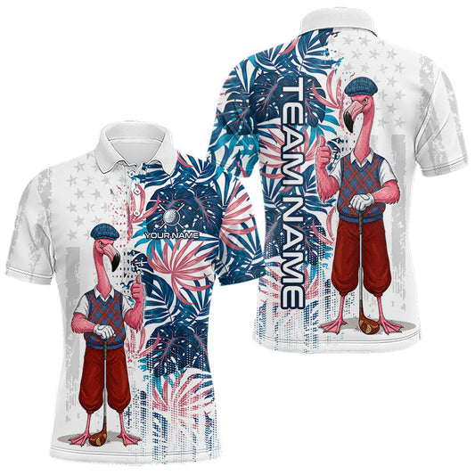 Maxcorners Funny Flamingo Tropical Pattern American Flag Lover Golf Gift Mens Golf Polo Shirt, Golf Top For Men LM0706