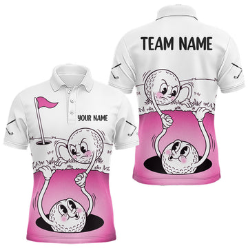 Maxcorners Pink Funny Golf Rescue Team Polo Shirt Custom Name, Golf Ball Cartoon Polo, White Golf Shirt LM1104