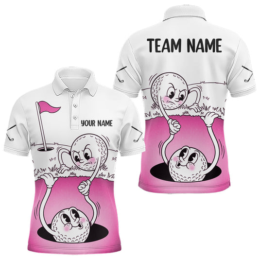 Maxcorners Pink Funny Golf Rescue Team Polo Shirt Custom Name, Golf Ball Cartoon Polo, White Golf Shirt LM1104