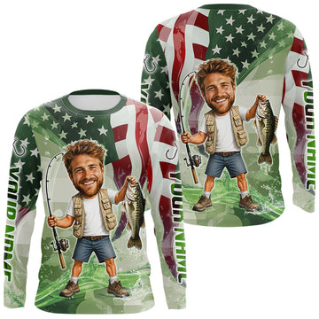 Maxcorners Custom Photo Funny Bass Fishing Shirts Long Sleeve American Flag For Men, Funny Bass Fishing Team|Green LM1705