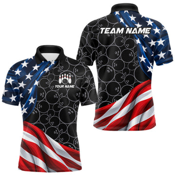 Maxcorners Personalized American Flag Black Bowling Team Shirts For Men Patriotic Bowling Gifts LM0410