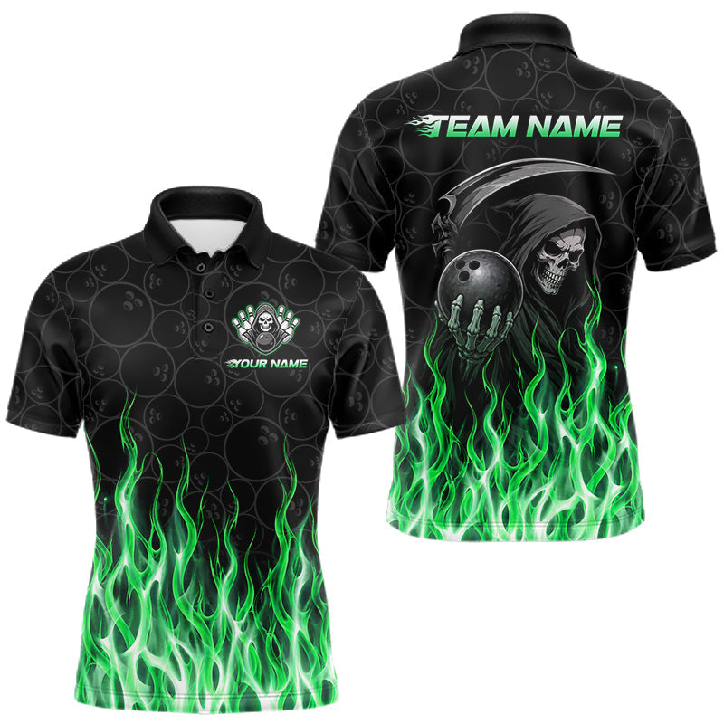 Maxcorners Custom Green Fire Flame Grim Reaper Skull Bowling Men Polo & 1/4 Quarter Zip Shirt, Halloween Outfit