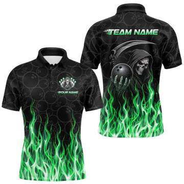 Maxcorners Custom Green Fire Flame Grim Reaper Skull Bowling Men Polo & 1/4 Quarter Zip Shirt, Halloween Outfit LM0410