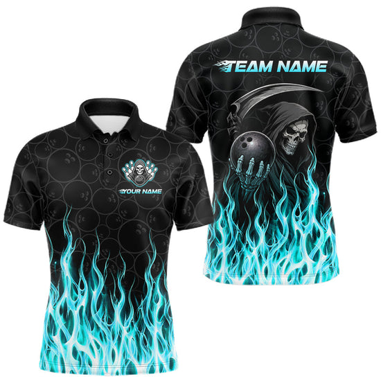 Maxcorners Custom Turquoise Fire Flame Grim Reaper Skull Bowling Men Polo & 1/4 Quarter Zip Shirt, Halloween Outfit